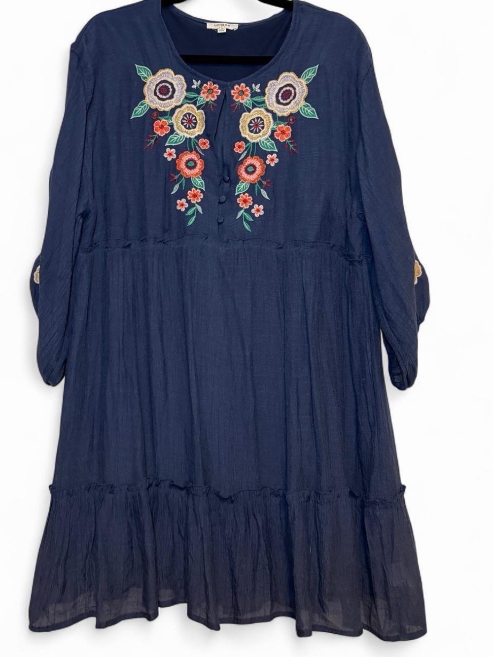 Umgee Boho Navy Embroidered Floral Dress | M | EUC